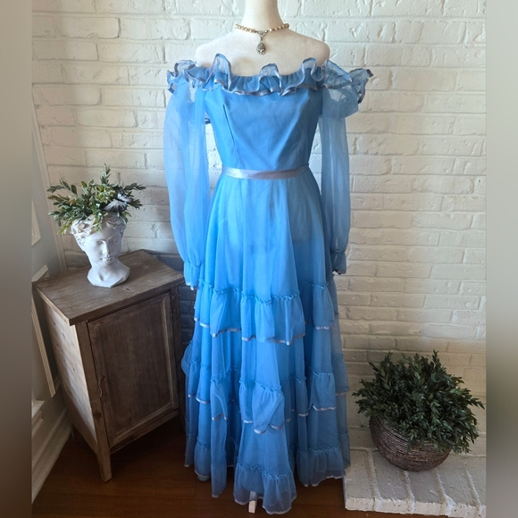 Vtg Alfred Angelo 80s Tiered Flowy Gown With Satin Trim S Prom Formal